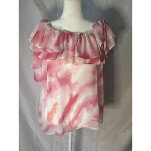 Romantic Pink Floral Abstract Watercolor Ruffle Neck Top Sleeveless Lined Large
